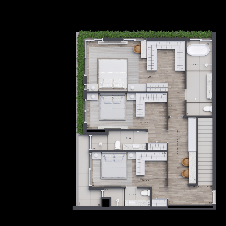 Planta 14 - 3 dorm 225,21m² - cobertura duplex - inferior