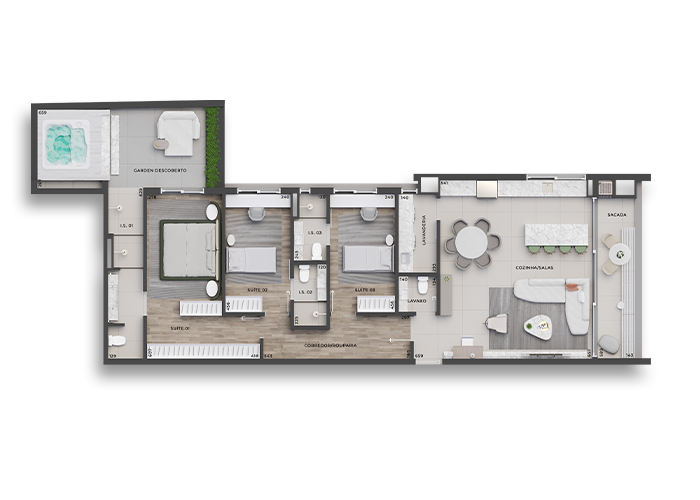 Planta 08 - 3 dorm 155m² - garden