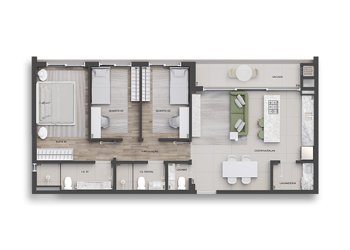 Planta 01 - 3 dorm 91,62m²